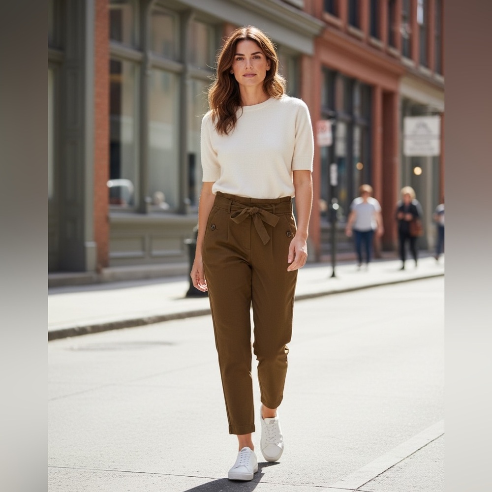 BROWN DENIM PAPER BAG WAIST PANTS NEUTRAL MINIMALIST CASUAL PANTS SIZE 8/10